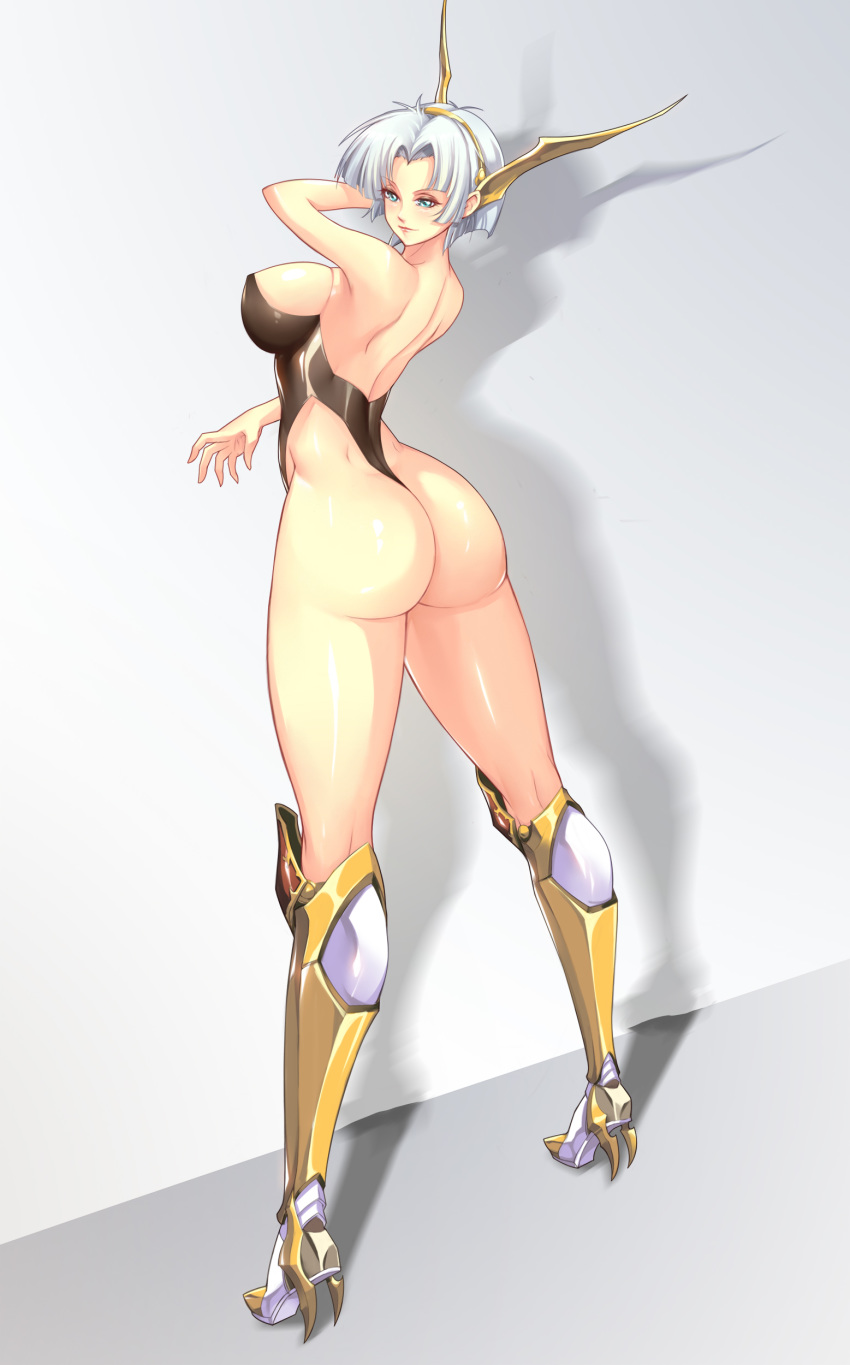 1girl absurdres armored_boots ass bangs blue_eyes blush boots breasts closed_mouth commentary_request dark_night_(darkotl) from_behind highres knee_boots langrisser langrisser_ii large_breasts leotard lips parted_bangs sherry_(langrisser) shiny shiny_clothes shiny_skin short_hair silver_hair solo standing thighs thong thong_leotard