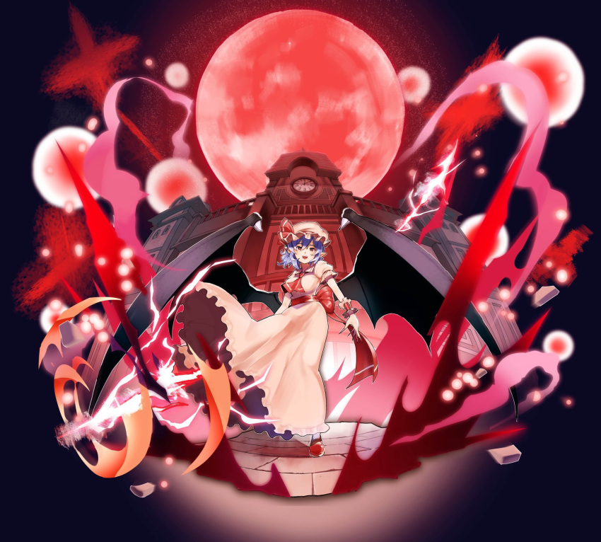 1girl ascot bangs bat_wings black_wings bow center_frills clock clock_tower commentary_request cross danmaku dress dress_lift energy energy_ball fingernails foreshortening frilled_cuffs frilled_dress frilled_sleeves frills full_body full_moon gensoukyou hair_between_eyes hat hat_ribbon highres hiragi_sage lightning long_dress mansion mob_cap moon open_mouth pavement perspective pink_dress pointy_ears puffy_short_sleeves puffy_sleeves purple_hair railing red_bow red_eyes red_footwear red_moon red_nails red_neckwear red_ribbon red_sash red_theme remilia_scarlet ribbon roman_numerals sash scarlet_devil_mansion sharp_fingernails short_hair short_sleeves sidelocks solo spear_the_gungnir touhou tower upper_teeth very_long_fingernails wind wind_lift wings wrist_cuffs