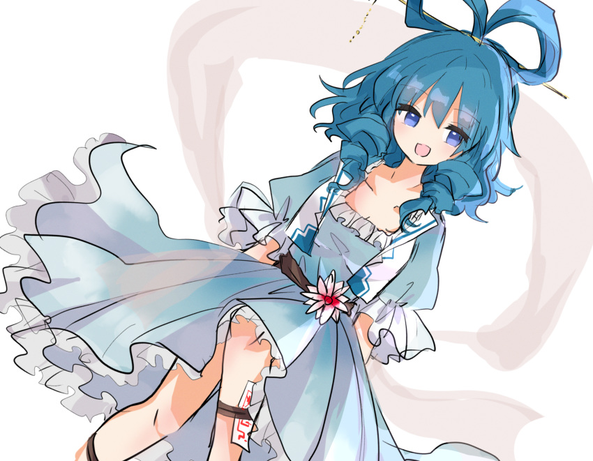 1girl :d blue_dress blue_eyes blue_hair collarbone commentary_request dress drill_hair dutch_angle eyebrows_visible_through_hair feet_out_of_frame flower frills hagoromo hair_ornament hair_rings hair_stick highres kaku_seiga knee_up looking_to_the_side medium_hair ofuda open_mouth petticoat puffy_short_sleeves puffy_sleeves shawl short_sleeves simple_background smile solo touhou vest white_background white_vest zabuton_(mgdw5574)
