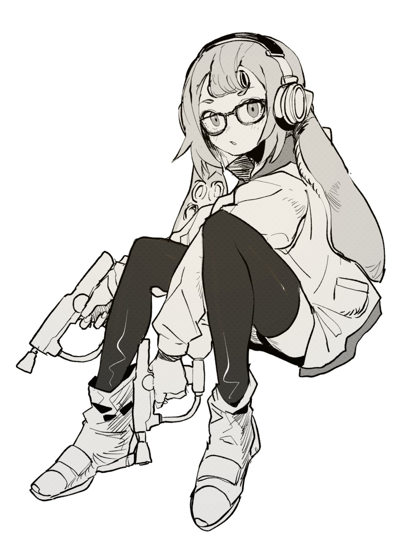 1girl ddari dual_wielding glasses greyscale gun headphones highres holding holding_gun holding_weapon inkling jacket long_sleeves looking_at_viewer monochrome open_clothes open_jacket parted_lips shoes simple_background sitting solo splatoon_(series) suction_cups tentacle_hair thigh-highs weapon white_background