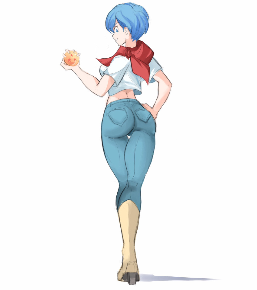 1girl ass blue_eyes blue_hair boots bulma denim dragon_ball dragon_ball_(object) dragon_ball_z from_behind hand_on_hip highres jeans looking_at_viewer looking_back midriff pants parted_lips profile rakeem_garcia-cueto shadow shirt short_hair short_sleeves simple_background smile solo standing white_background white_shirt