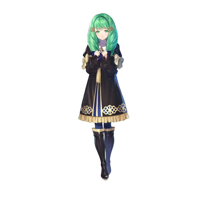 1girl absurdres bangs black_footwear boots bow closed_mouth commentary_request dress fire_emblem fire_emblem:_three_houses fire_emblem_heroes flayn_(fire_emblem) frills full_body green_eyes green_hair hair_ornament highres knee_boots kousei_horiguchi long_hair long_sleeves looking_at_viewer official_art school_uniform shiny shiny_hair simple_background smile solo standing turtleneck white_background