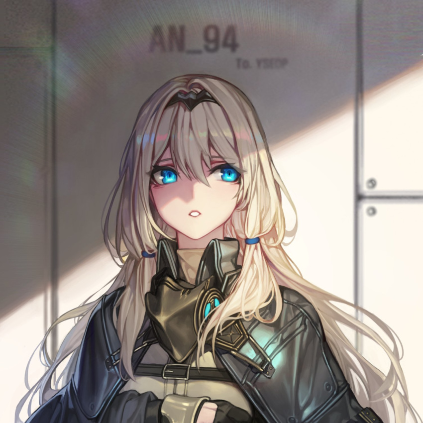 1girl an-94_(girls_frontline) black_coat black_gloves blonde_hair blue_eyes chyan circlet coat gas_mask girls_frontline gloves half_gloves highres long_hair looking_to_the_side mask mask_removed parted_lips solo upper_body