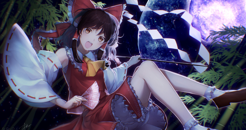 1girl ankle_socks bamboo bamboo_forest black_hair bloomers blurry blurry_background brown_eyes brown_footwear commentary cravat detached_sleeves floating forest full_moon gohei hair_ribbon hair_tubes hakurei_reimu head_tilt highres holding kisamu_(ksmz) knees_up loafers looking_at_viewer medium_hair moon nature night ofuda open_mouth outdoors petticoat red_skirt red_vest ribbon ribbon-trimmed_sleeves ribbon_trim sarashi shoes sidelocks skirt solo touhou underwear upper_teeth vest white_legwear yellow_neckwear