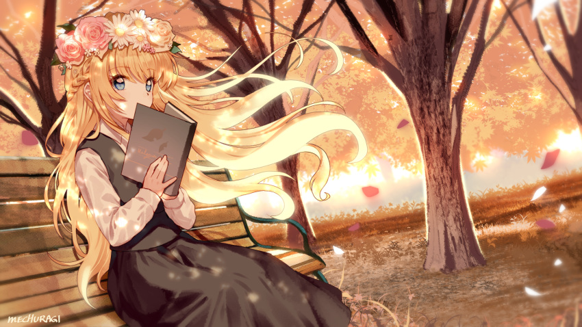 1girl artist_name bangs bare_tree bench black_skirt blonde_hair blue_eyes book collared_shirt commentary commission eyebrows_visible_through_hair floating_hair flower flower_wreath grey_vest hair_between_eyes head_wreath highres holding holding_book long_hair long_sleeves mechuragi on_bench open_book original park_bench petals pink_flower pink_rose rose shirt signature sitting skirt sleeves_past_wrists solo tree very_long_hair vest white_flower white_rose white_shirt