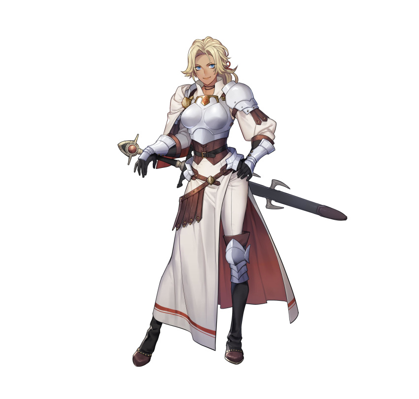 1girl absurdres arm_guards armor bangs belt blonde_hair blue_eyes breastplate catherine_(fire_emblem) closed_mouth commentary_request dark_skin fire_emblem fire_emblem:_three_houses fire_emblem_heroes full_body gloves highres knee_pads lips long_sleeves looking_at_viewer official_art p-nekor pants parted_bangs puffy_sleeves shoulder_armor simple_background smile solo standing sword weapon white_background