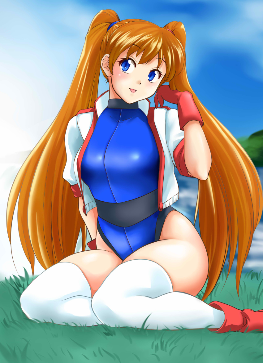 1girl absurdres arm_up athletic_leotard blue_eyes blue_leotard boots brown_hair clouds commentary_request cropped_jacket gloves hand_in_hair highleg highleg_leotard highres jacket legs leotard long_hair namco nanao_futaba numan_athletics open_mouth outdoors red_footwear red_gloves sharon_les_halles sitting sky smile solo thigh-highs thighs twintails very_long_hair white_jacket white_legwear