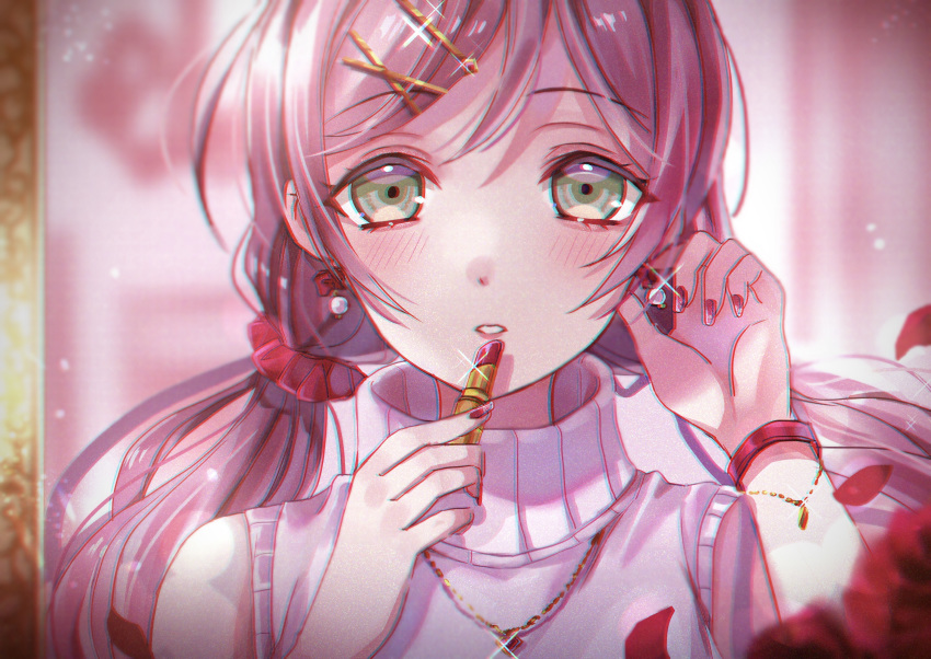 1girl absurdres applying_makeup blush close-up green_eyes hair_ornament hairclip highres jewelry kebaboishii lipstick long_hair looking_at_viewer love_live! love_live!_school_idol_project makeup necklace purple_hair solo toujou_nozomi