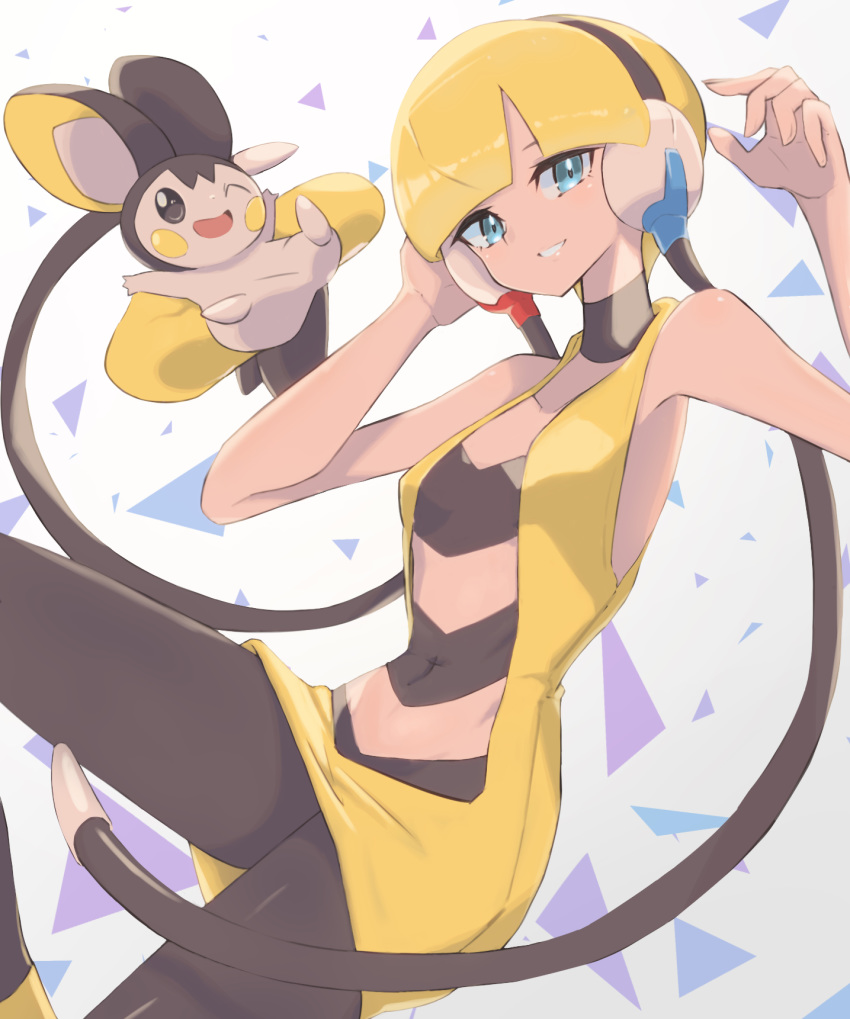 1girl black_choker black_legwear blonde_hair blue_eyes choker commentary_request elesa_(pokemon) emolga gen_5_pokemon gym_leader headphones highres looking_at_viewer nuneno one_eye_closed pokemon pokemon_(creature) pokemon_(game) pokemon_bw short_hair sleeveless smile