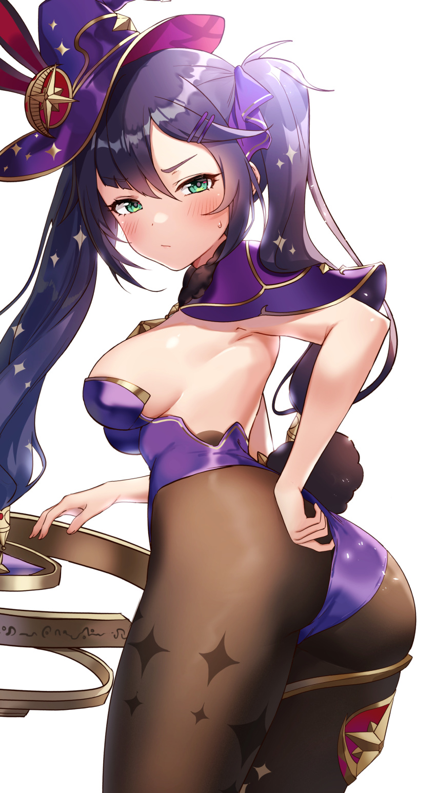 1girl absurdres adjusting_clothes adjusting_leotard ass bangs black_legwear blush breasts from_behind genshin_impact green_eyes hair_ornament hat highres jewelry leotard long_hair looking_at_viewer medium_breasts mona_(genshin_impact) pantyhose pn_(wnsl216) purple_hair ribbon simple_background solo twintails witch_hat