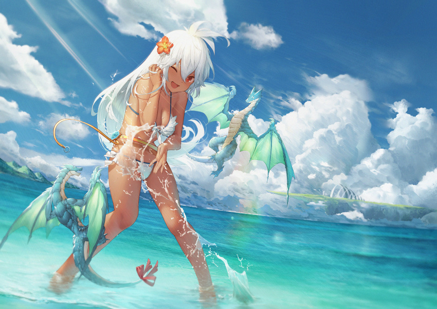 1girl bikini cg_(2686805355) clouds cloudy_sky collarbone dark_skin dragon floating_island flower front-tie_bikini front-tie_top granblue_fantasy hair_flower hair_ornament highres hill long_hair one_eye_closed open_mouth red_eyes red_ribbon ribbon side-tie_bikini sky smile solo splashing sunlight swimsuit wading water white_bikini white_hair zooey_(granblue_fantasy)