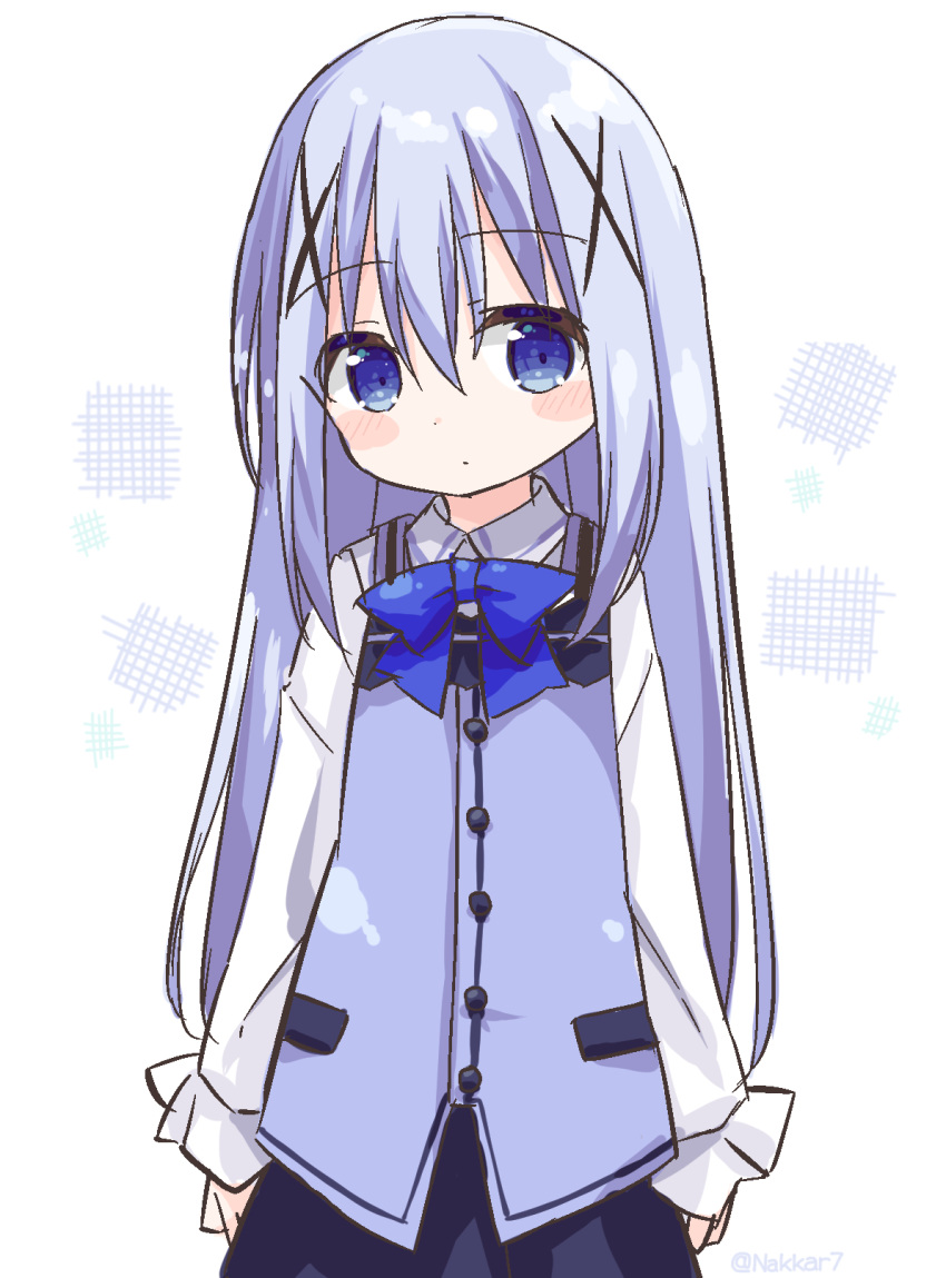 1girl bangs black_skirt blue_bow blue_eyes blue_hair blue_vest blush_stickers bow closed_mouth collared_shirt commentary_request eyebrows_visible_through_hair gochuumon_wa_usagi_desu_ka? hair_between_eyes hair_ornament highres kafuu_chino long_hair long_sleeves looking_at_viewer nakkar rabbit_house_uniform shirt simple_background skirt sleeves_past_wrists solo uniform very_long_hair vest waitress white_background white_shirt x_hair_ornament