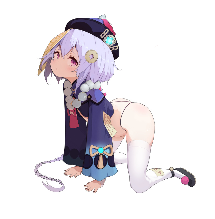 1girl absurdres all_fours ass bead_necklace beads bent_over blush braid braided_ponytail chinese_clothes chocpocalypse full_body genshin_impact hair_ornament half-closed_eyes hat highres jewelry jiangshi long_sleeves looking_at_viewer nail_polish necklace no_pants panties purple_hair qiqi simple_background solo string_panties thigh-highs thong underwear violet_eyes white_background white_legwear wide_sleeves