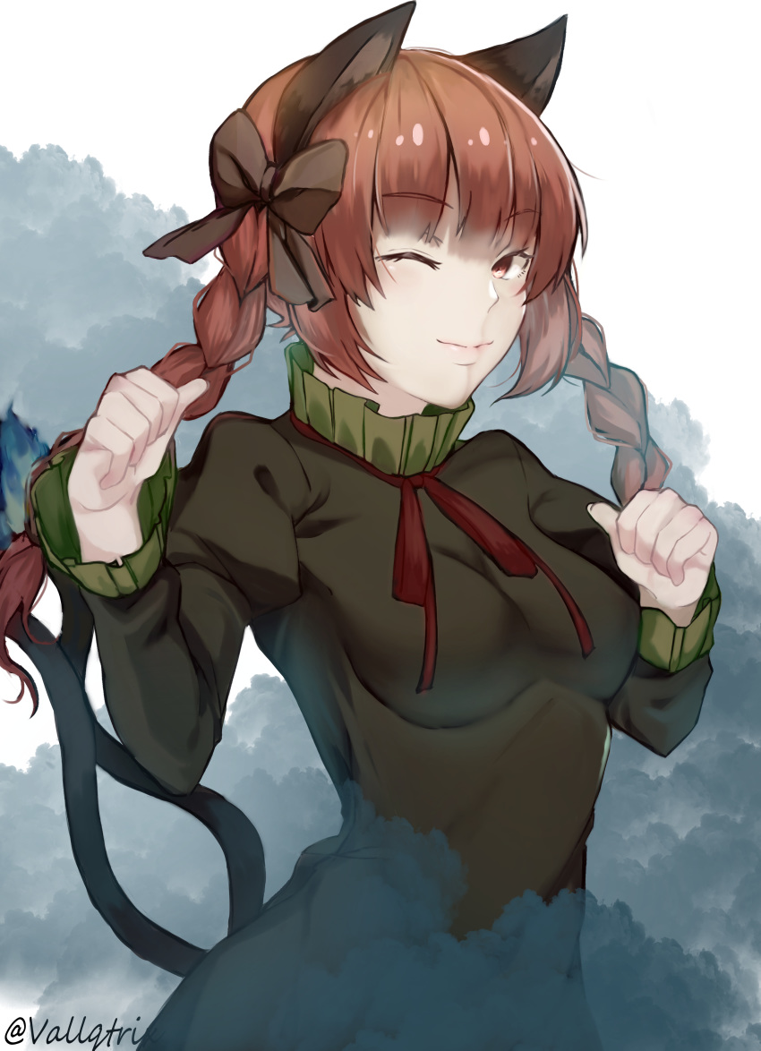 1girl ;) absurdres animal_ears artist_name black_bow bow braid breasts cat_ears cat_tail closed_mouth commentary_request eyebrows_visible_through_hair green_shirt hair_bow highres juliet_sleeves kaenbyou_rin long_hair long_sleeves looking_at_viewer medium_breasts multiple_tails neck_ribbon nekomata one_eye_closed paw_pose puffy_sleeves red_eyes red_ribbon redhead ribbon shirt smile smoke solo standing tail touhou twin_braids twintails two_tails upper_body vellqtrix white_background