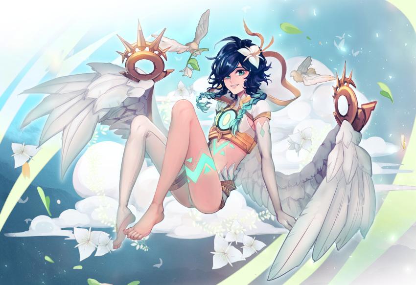 1boy absurdres barefoot bird blue_eyes blue_hair body_markings braid clouds dove elbow_gloves feathered_wings feathers feet flower genshin_impact gloves gradient_hair hair_flower hair_ornament highres long_sleeves looking_at_viewer male_focus mishhekht multicolored_hair open_mouth otoko_no_ko single_thighhigh sky smile solo thigh-highs twin_braids venti_(genshin_impact) wings