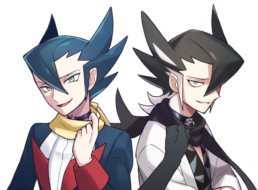 2boys aqua_eyes bangs black_choker black_hair black_scarf blue_hair blue_jacket choker clothes_tug commentary_request dual_persona grey_eyes grimsley_(pokemon) hair_between_eyes jacket lobolobo2010 long_sleeves looking_at_viewer male_focus multiple_boys open_mouth pokemon pokemon_(game) pokemon_bw pokemon_sm scarf smile teeth tongue yellow_scarf