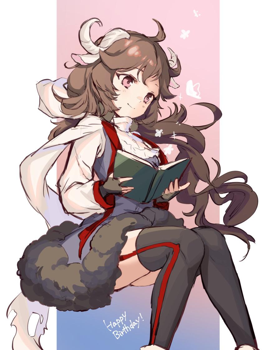 1girl ahoge animal_ears arknights bangs black_legwear book brown_hair commentary dress eyjafjalla_(arknights) feet_out_of_frame fingerless_gloves gloves happy_birthday head_tilt highres holding holding_book horns long_hair pink_eyes purple_dress sheep_ears sheep_horns short_dress sitting smile solo spica_1510 thigh-highs zettai_ryouiki