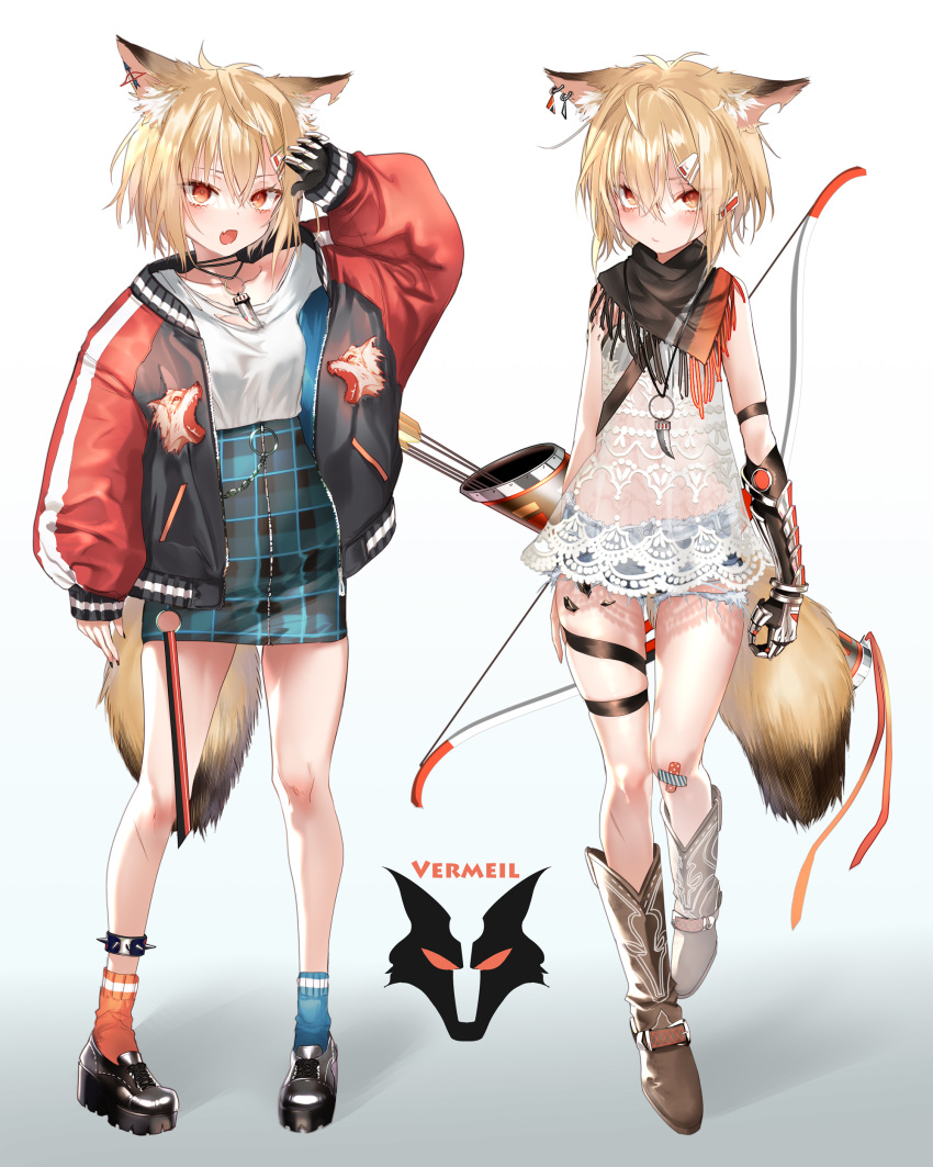 1girl absurdres alternate_costume animal_ear_fluff animal_ears arknights arrow_(projectile) bandaid bandaid_on_knee bangs black_footwear blonde_hair blue_legwear blue_skirt blush boots bow_(weapon) brown_footwear character_name cowboy_boots dress ear_piercing fang fang_necklace gradient gradient_background hair_between_eyes hair_ornament hairclip high-waist_skirt highres jacket jewelry long_sleeves mismatched_legwear multiple_views necklace notched_ear open_mouth orange_eyes orange_legwear originium_arts_(arknights) piercing plaid plaid_skirt platform_footwear pottsness prosthesis prosthetic_arm quiver scarf see-through shirt short_hair shorts simple_background skin_fang skirt sleeveless sleeveless_dress socks tail thigh_strap vermeil_(arknights) weapon white_dress white_shirt