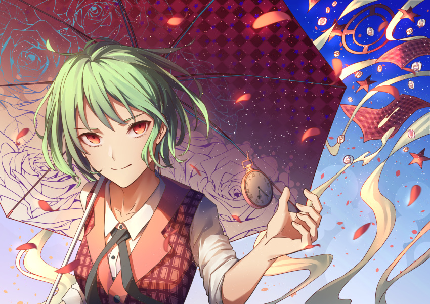 1girl alternate_costume buttons closed_mouth collared_shirt commentary floral_print green_hair hand_up highres kazami_yuuka looking_at_viewer over_shoulder petals plaid plaid_vest pocket_watch print_umbrella red_eyes red_vest shirt short_hair sidelocks sleeves_rolled_up solo symbol_commentary touhou umbrella upper_body vest watch white_shirt wind wing_collar yangsan_(2991076090)