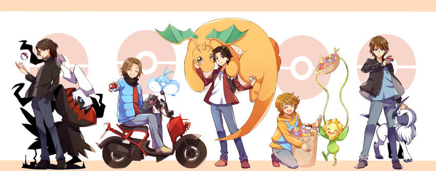 5boys absol apron brown_hair darkrai dog_tags dragonite gen_1_pokemon gen_2_pokemon gen_3_pokemon gen_4_pokemon godai_yuusuke ground_vehicle highres inui_takumi jacket jewelry kamen_rider kamen_rider_555 kamen_rider_agito_(series) kamen_rider_blade_(series) kamen_rider_kuuga_(series) kamen_rider_ryuki_(series) kenzaki_kazuma kidou_shinji motor_vehicle multiple_boys mythical_pokemon pendant plaid_jacket poke_ball pokemon scooter smile sunflora swablu tsugami_shouichi yoshino_(gunform)