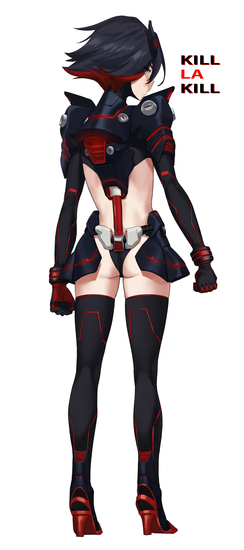 1girl absurdres alternate_costume back black_footwear black_gloves black_hair clenched_hands copyright_name eyebrows_visible_through_hair eyes_visible_through_hair gloves glowing glowing_eyes headgear high_heels highres kill_la_kill lee0110 looking_back matoi_ryuuko multicolored multicolored_clothes multicolored_gloves multicolored_hair red_gloves red_legwear redhead science_fiction simple_background solo standing turtleneck white_background