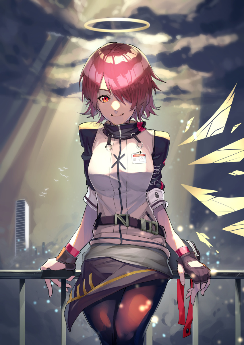 1girl arknights backlighting belt bird black_gloves black_jacket building city clouds cloudy_sky collared_jacket commentary cowboy_shot cracked detached_wings drawstring exusiai_(arknights) fanny_pack fence fingerless_gloves gloves hair_over_one_eye halo highres ibaraki_shun id_card jacket leaning_on_rail light_rays pantyhose penguin_logistics_logo red_eyes redhead short_hair skirt sky skyscraper smile solo sunbeam sunlight uniform white_jacket wings