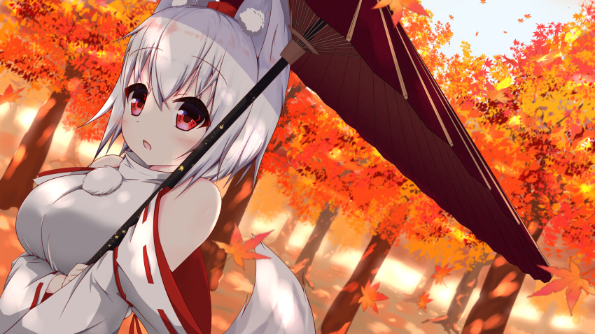 1girl animal_ears artist_request autumn_leaves bare_shoulders breasts commentary commentary_request detached_sleeves eyebrows_visible_through_hair forest hat highres inubashiri_momiji large_breasts leaf looking_at_viewer maple_leaf nature open_mouth outdoors pom_pom_(clothes) red_eyes ribbon-trimmed_sleeves ribbon_trim shirt short_hair silver_hair sleeveless sleeveless_shirt solo tail tokin_hat touhou turtleneck white_shirt wolf_ears wolf_tail