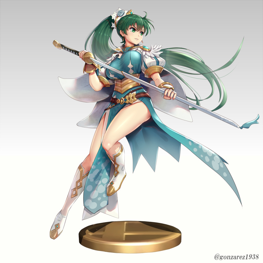 1girl bangs breasts commentary_request fire_emblem fire_emblem:_the_blazing_blade fire_emblem_heroes full_body gonzarez gradient gradient_background green_eyes green_hair highres long_hair lyn_(fire_emblem) medium_breasts ponytail shiny shiny_hair simple_background solo tied_hair