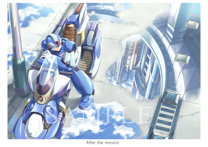 1boy android building capcom clouds fujino_yuuki green_eyes ground_vehicle helmet motor_vehicle motorcycle outdoors puddle reflection ripples rockman rockman_x sample sitting sky solo water x_(rockman)