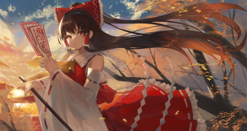 1girl absurdres bangs bow brown_hair comic_lo detached_sleeves floating_hair frilled_bow frilled_hair_tubes frilled_skirt frills hair_between_eyes hair_bow hair_tubes hakurei_reimu highres holding huge_filesize long_hair long_skirt long_sleeves motota outdoors red_bow red_eyes red_shirt red_skirt ribbon-trimmed_sleeves ribbon_trim sailor_collar sarashi shiny shiny_hair shirt skirt sleeveless sleeveless_shirt solo standing very_long_hair white_sailor_collar white_sleeves wide_sleeves yellow_neckwear