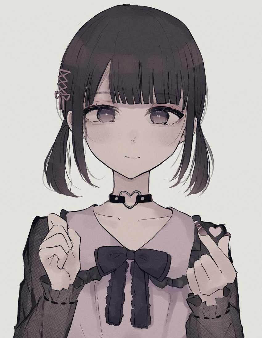 1girl bangs black_bow black_choker black_hair bow brown_eyes brown_nails choker closed_mouth collarbone collared_shirt commentary_request eyebrows_visible_through_hair fingernails frilled_shirt_collar frills grey_background heart_ring highres long_fingernails long_sleeves looking_at_viewer middle_finger nail_polish original pink_shirt shirt simple_background smile solo tsuruse twintails upper_body