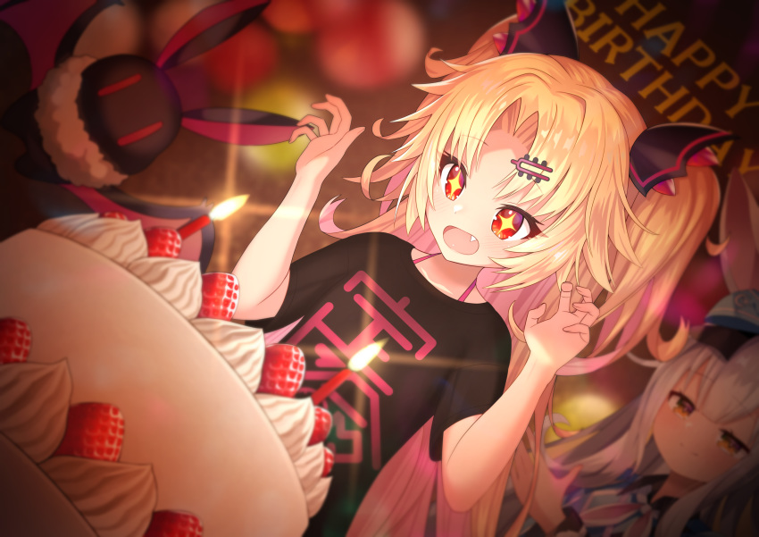 +_+ 2girls :o akatsuki_uni animal_ears balloon bat bettle_(b_s_a_n) birthday_cake black_shirt blurry blurry_background cake candle dutch_angle fang food from_below fruit hair_ornament hairclip hands_up happy_birthday highres long_hair mochizuki_himari multiple_girls rabbit_ears red_eyes shirt smile strawberry t-shirt two_side_up uni_channel very_long_hair white_hair