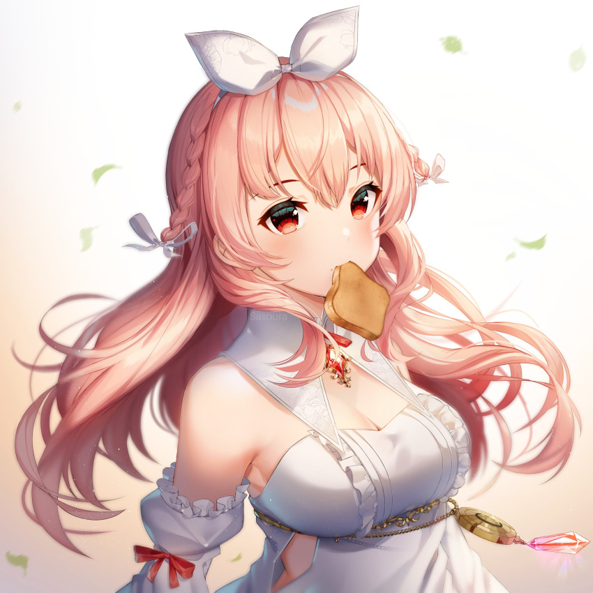 1girl artist_name atelier_live bangs bare_shoulders braid breasts commentary detached_sleeves dress english_commentary food food_in_mouth gradient gradient_background hair_ribbon highres indie_virtual_youtuber jewelry long_hair looking_at_viewer medium_breasts mouth_hold pink_hair pinku red_eyes ribbon sasoura simple_background solo toast toast_in_mouth upper_body virtual_youtuber white_dress white_ribbon