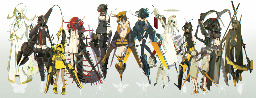 6+girls antennae barefoot bikini black_bodysuit black_dress black_footwear black_legwear black_skirt black_swimsuit bodysuit brown_hair cable china_dress chinese_clothes collared_dress covered_face covered_navel dress grey_shirt halo hood insect_girl jacket long_hair long_sleeves mecha_musume midriff multiple_girls navel off-shoulder_jacket one-piece_swimsuit original print_skirt red_neckwear sailor_collar shirt shoes short_sleeves skirt sleeveless sleeveless_dress sleeves_past_wrists striped striped_bikini swimsuit thigh-highs twintails white_dress wide_sleeves yellow_bikini yellow_footwear yellow_jacket zenmaibook