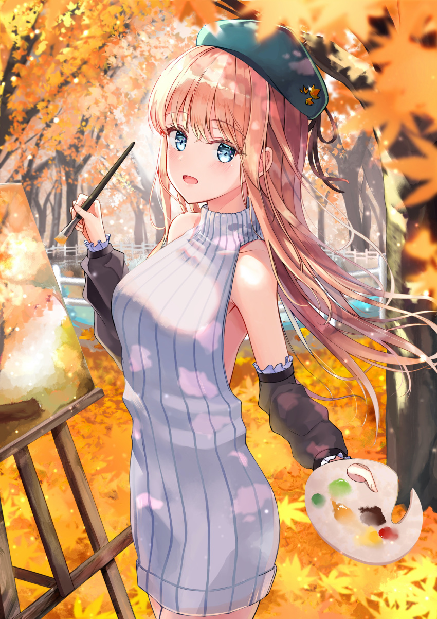 1girl absurdres beret blonde_hair blue_eyes blush canvas_(object) easel green_headwear hat highres holding holding_brush leaf long_hair looking_at_viewer meme_attire open_mouth original outdoors painting palette sion_(im10042m) smile solo standing sweater tree virgin_killer_sweater