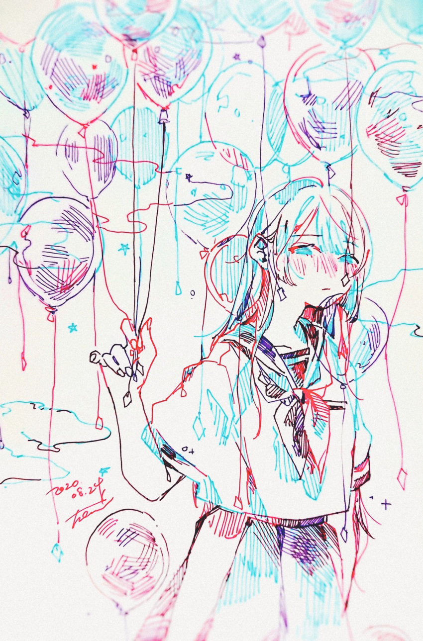 1girl aqua_eyes balloon blush dated highres holding holding_balloon long_hair looking_at_viewer neckerchief original sailor_collar school_uniform serafuku shirt short_sleeves signature skirt solo star_(symbol) tmari traditional_media upper_body white_background white_shirt