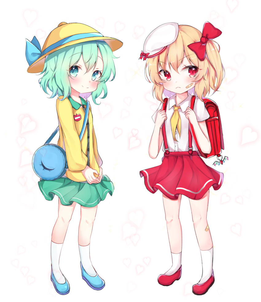 2girls :&lt; alternate_costume backpack bag bandaid bandaid_on_face bandaid_on_leg beret blonde_hair blue_footwear blue_ribbon blush bow charm_(object) closed_mouth collared_shirt cravat eyebrows_visible_through_hair flandre_scarlet flat_chest full_body green_eyes green_hair green_skirt hair_bow hanen_(borry) hat hat_ribbon heart heart_background highres komeiji_koishi long_sleeves looking_at_viewer looking_to_the_side multiple_girls neckerchief no_wings one_side_up randoseru red_bow red_eyes red_footwear red_skirt ribbon school_bag shirt short_hair short_sleeves simple_background skirt smile suspenders touhou v-shaped_eyebrows white_background white_headwear white_legwear white_shirt yellow_headwear yellow_neckwear yellow_shirt