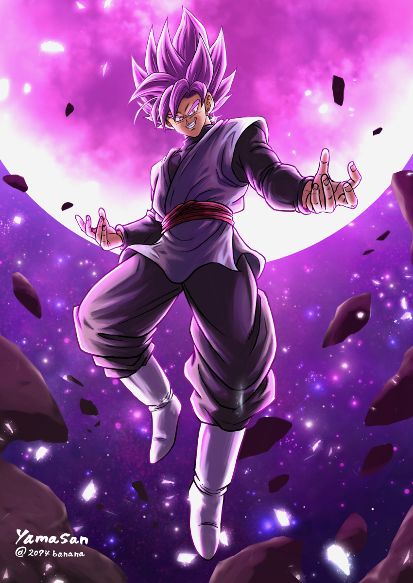 1boy 2094banana black_pants black_shirt boots dragon_ball dragon_ball_super gokuu_black grin highres long_hair long_sleeves looking_at_viewer male_focus moon pants pink_eyes pink_hair shiny shiny_hair shirt smile solo spiky_hair super_saiyan super_saiyan_rose twitter_username white_footwear