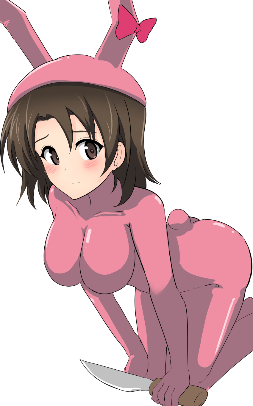 1girl absurdres aikir_(jml5160) anglerfish_costume blush bow breasts brown_eyes brown_hair embarrassed girls_und_panzer highres kneeling knife large_breasts light_smile looking_at_viewer pink_bow sawa_azusa short_hair skin_tight solo white_background