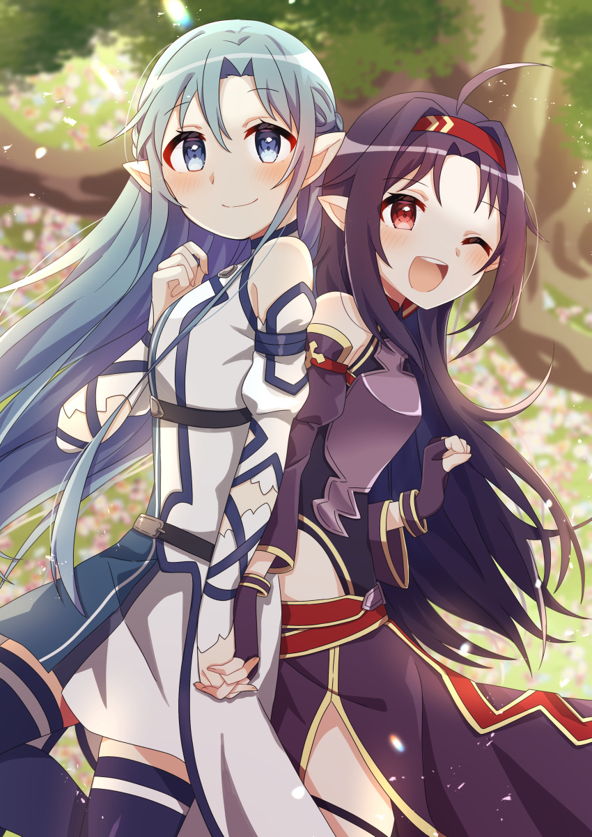 2girls ;d absurdres ahoge asuna_(sao) asuna_(sao-alo) bangs bare_shoulders blue_eyes blue_hair blush detached_sleeves eyebrows_visible_through_hair fingerless_gloves gloves hairband hana_no_yo highres holding_hands long_hair looking_at_viewer multiple_girls one_eye_closed open_mouth parted_bangs pointy_ears purple_hair red_eyes red_hairband smile sword_art_online tree yuuki_(sao)