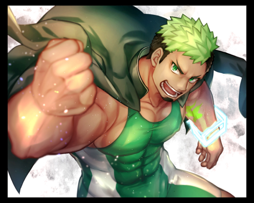 1boy bara bare_arms bare_shoulders black_hair bulge chest covered_abs covered_nipples dark_skin dark_skinned_male facial_hair frown goatee gozu_farm green_eyes green_hair jacket jacket_on_shoulders looking_at_viewer male_focus multicolored_hair muscle short_hair sideburns solo taurus_mask thick_thighs thighs tight tokyo_houkago_summoners two-tone_hair upper_body wrestling_outfit