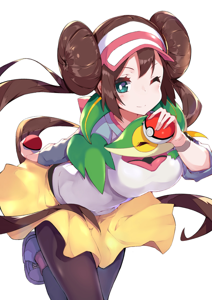 1girl absurdres breasts brown_hair brown_legwear closed_mouth commentary double_bun floating_hair gen_5_pokemon green_eyes highres holding holding_poke_ball kikurage_tom. legwear_under_shorts long_hair one_eye_closed pantyhose poke_ball poke_ball_(basic) pokemon pokemon_(creature) pokemon_(game) pokemon_bw2 rosa_(pokemon) shiny shirt shoes shorts smile sneakers snivy twintails very_long_hair visor_cap yellow_shorts