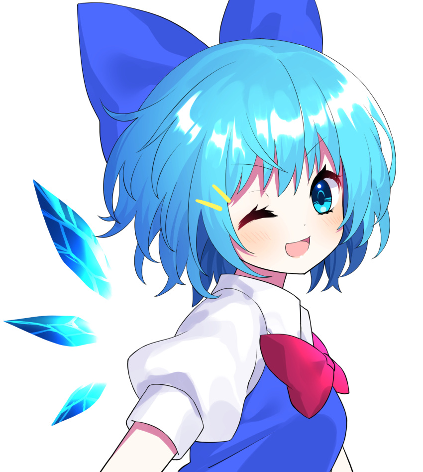 1girl ;d blue_bow blue_dress blue_eyes blue_hair blush bow bowtie cirno commentary detached_wings dress from_side hair_bow highres ice ice_wings looking_at_viewer one_eye_closed open_mouth puffy_short_sleeves puffy_sleeves red_neckwear short_hair short_sleeves simple_background smile solo touhou upper_body white_background wings yuujin_(yuzinn333)