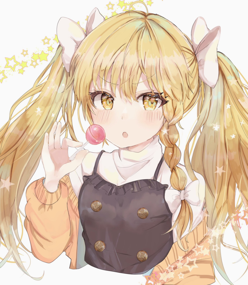 1girl ahoge alternate_hairstyle black_vest blonde_hair blush bow braid breasts candy commentary_request cropped_torso food hair_bow highres holding holding_candy holding_food holding_lollipop jacket kirisame_marisa lollipop long_hair looking_at_viewer maruro no_hat no_headwear open_mouth orange_jacket removing_jacket simple_background single_braid small_breasts solo star_(symbol) sweater touhou turtleneck twintails upper_body v-shaped_eyebrows vest white_background white_bow white_sweater yellow_eyes