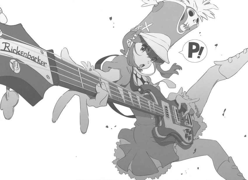 1girl boots breasts commentary dress floating foreshortening greyscale guitar hair_between_eyes hat highres holding holding_instrument instrument jakuzure_nonon kill_la_kill knee_boots looking_at_viewer medium_hair monochrome nishigori_atsushi open_mouth rickenbacker shako_cap short_dress short_sleeves simple_background small_breasts solo speech_bubble third-party_source white_background