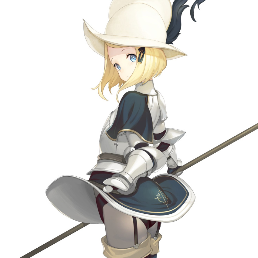 1girl black_panties blonde_hair blue_eyes blue_ribbon bob_cut breastplate closed_mouth cowboy_shot from_behind gauntlets grey_legwear guard_of_the_ivory_tower_(km_yama) hair_ribbon highres holding km_yama looking_at_viewer looking_back morion original panties pantyhose plume ribbon short_sleeves simple_background solo underwear white_background