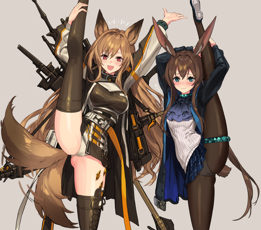 2girls :d amiya_(arknights) animal_ears arknights arms_up ascot ass_visible_through_thighs bangs black_jacket black_legwear blue_eyes blue_neckwear blue_skirt blush brown_hair bunny_tail ceobe_(arknights) commentary_request eyebrows_visible_through_hair grey_background hair_between_eyes highres jacket leg_up long_hair long_sleeves looking_at_viewer miniskirt multiple_girls open_clothes open_jacket open_mouth oripathy_lesion_(arknights) panties pantyhose plaid plaid_skirt pleated_skirt rabbit_ears red_eyes shirt sigm@ simple_background skirt smile split standing standing_on_one_leg standing_split tail thigh-highs thighlet thighs underwear very_long_hair white_panties white_shirt