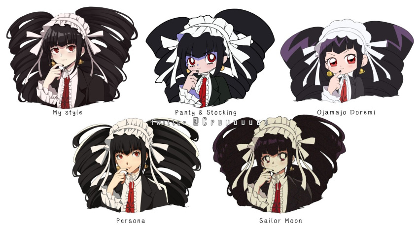 1girl bangs big_hair bishoujo_senshi_sailor_moon black_hair black_nails celestia_ludenberck closed_mouth copyright_name criis-chan dangan_ronpa dangan_ronpa_1 drill_hair english_commentary long_hair multiple_style_parody multiple_views nail_polish necktie ojamajo_doremi panty_&amp;_stocking_with_garterbelt parody persona red_neckwear ribbon simple_background smile soejima_shigenori_(style) style_parody takeuchi_naoko_(style) twin_drills white_ribbon