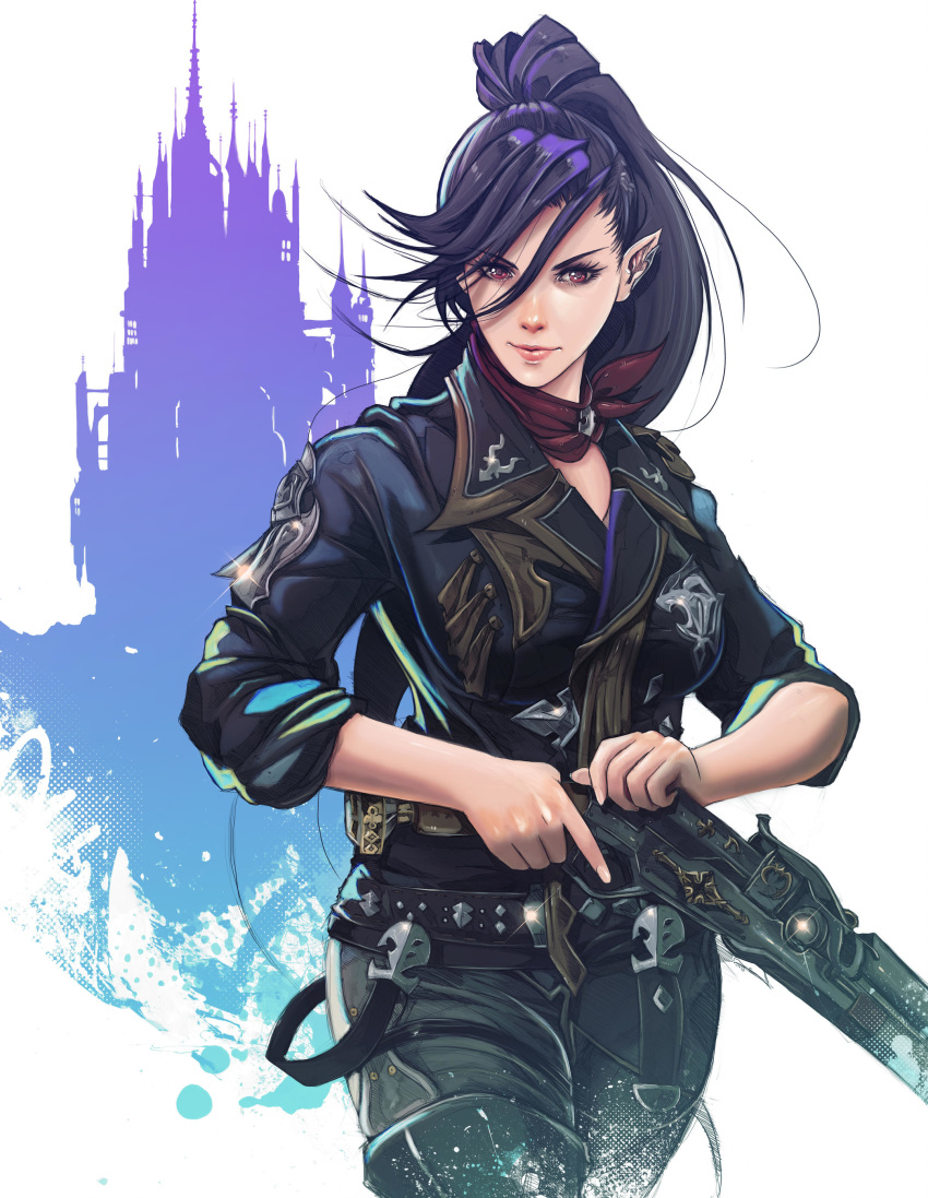 1girl absurdres black_hair breasts earrings elezen elf final_fantasy final_fantasy_xiv gun hair_between_eyes highres hilda_(ff14) holding holding_gun holding_weapon hybrid hyur jacket jewelry leather leather_jacket lips long_hair looking_at_viewer machinist_(final_fantasy) medium_breasts pointy_ears ponytail red_eyes scarf smile solo trigger_discipline vvernacatola weapon