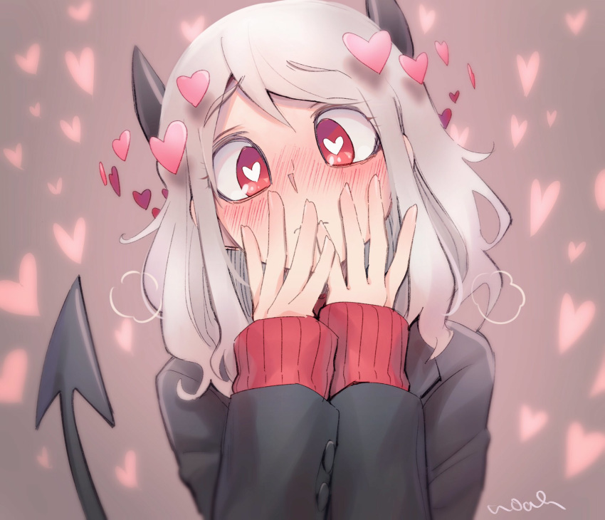 1girl artist_name black_horns brown_background closed_mouth demon_girl demon_tail eyebrows_visible_through_hair hands_up heart heart-shaped_pupils heart_background helltaker highres horns long_sleeves looking_at_viewer modeus_(helltaker) noaharbre red_eyes red_sweater ribbed_sweater short_hair solo sweater symbol-shaped_pupils tail upper_body vest white_hair